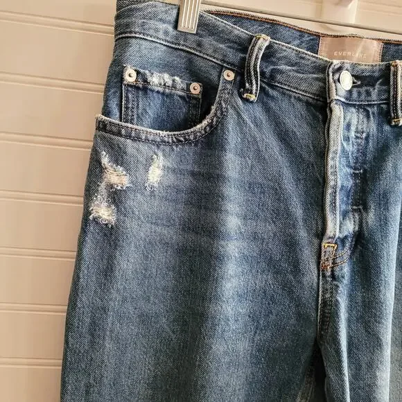 Everlane Jeans Size 27 Blue O-S Boyfriend Ripped Distressed Button Fly - Picture 4 of 14